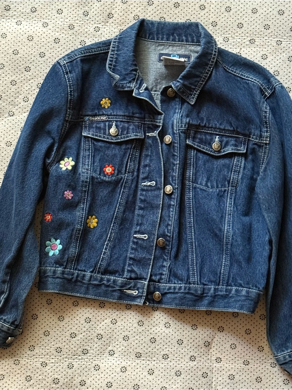 GASOLINE GLAMOUR Dark Blue Denim Jacket with Multicolor Floral Patches
